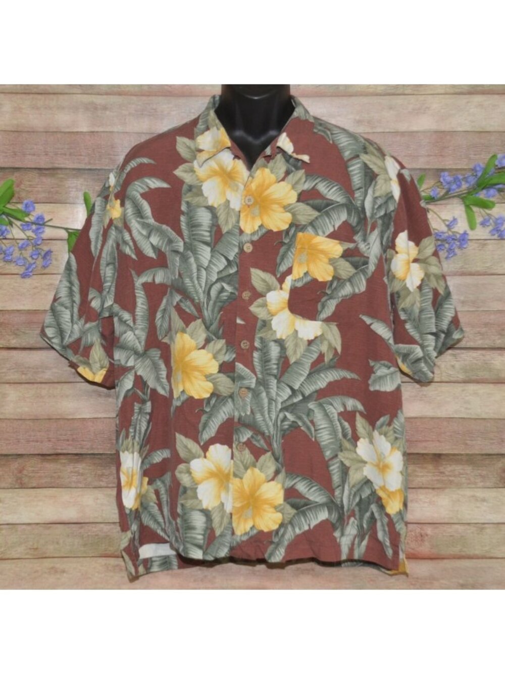 Tommy Bahama Shirt Mens XL Silk Hawaiian Floral Short Sleeve Button Up Burgundy